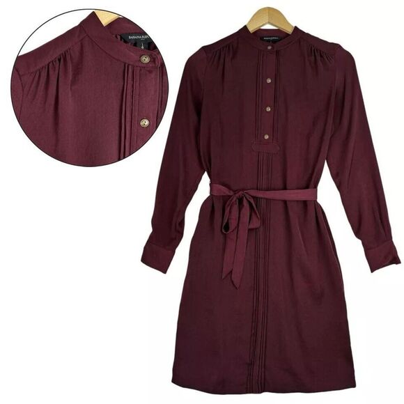 Banana Republic Dresses & Skirts - Banana Republic Women Shirt Dress Burgundy Sz 0 Long Sleeve Belted Preppy Office